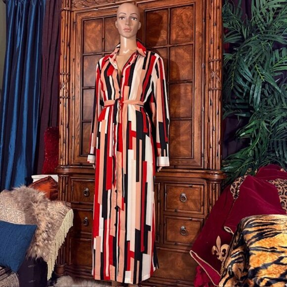 NWOT G by Giuliana Red Multi Stripe Side Slit Belted Maxi Dress Maxi Cardigan - Picture 3 of 16